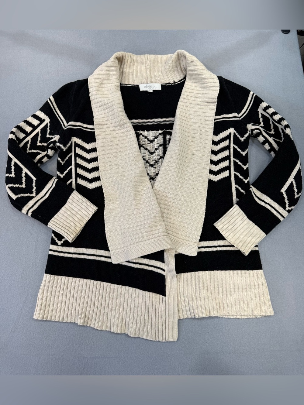 Olive & Oak Black and Cream Tribal Geometric Shawl Collar Cardigan Sweater